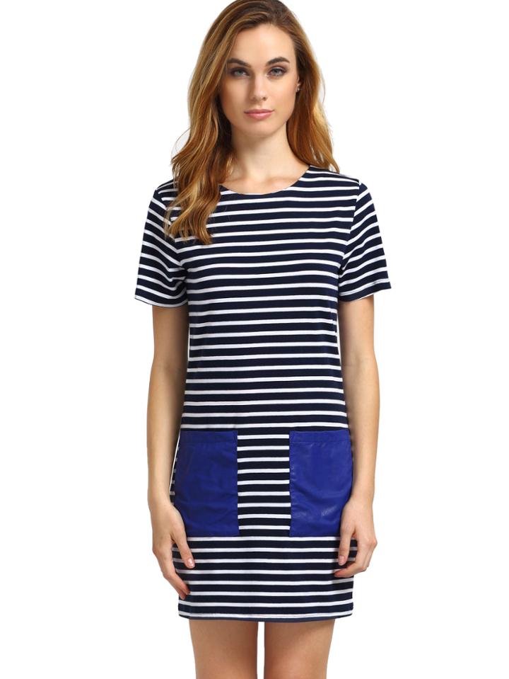 Romwe Striped Short Sleeve Pu Leather Pocket Dress