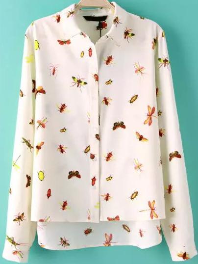 Romwe Lapel Dip Hem Butterfly Print Blouse