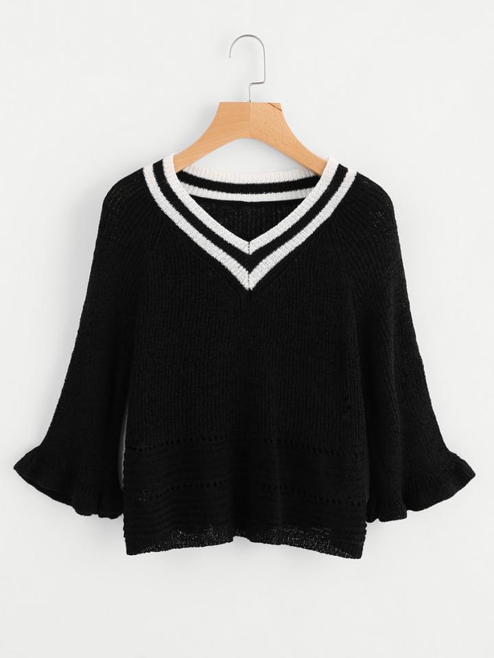 Romwe V Neckline Striped Trim Ruffle Sleeve Sweater