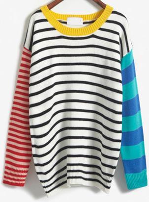 Romwe Colour-block Striped Loose Sweater