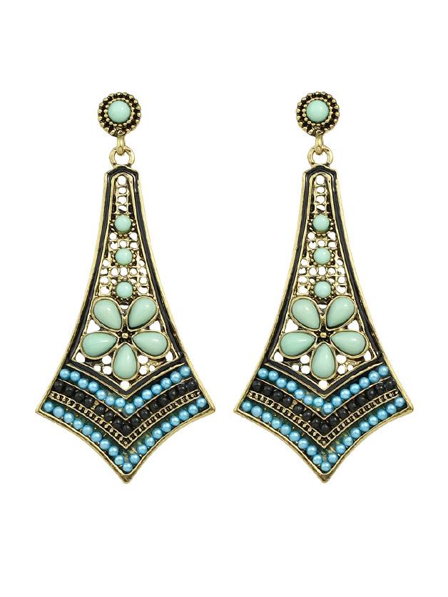 Romwe Green Vintage Boho Flower Stone Geometric Earrings
