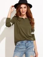 Romwe Olive Green Button Neck Varsity Striped Sleeve T-shirt