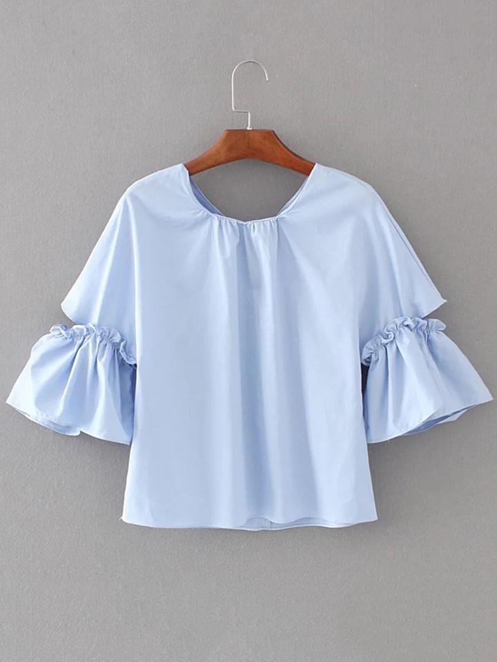 Romwe Bell Sleeve Frill Trim Knot Back Top