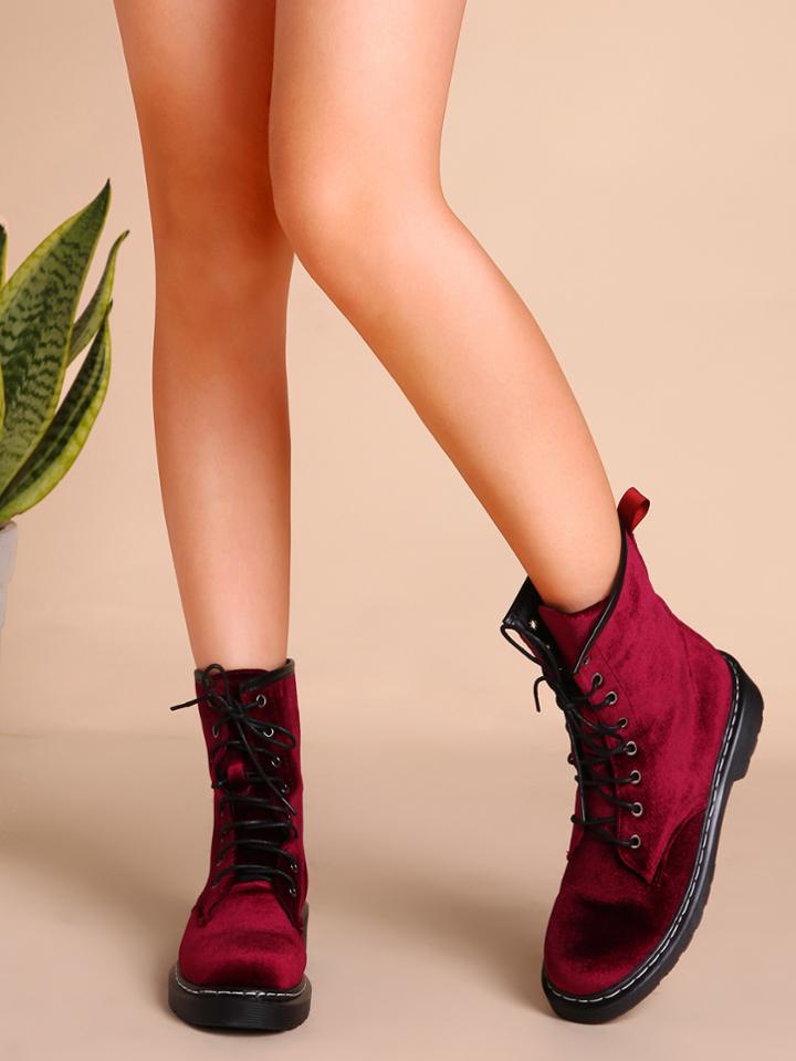 Romwe Velvet Lace Up Short Boots Wine