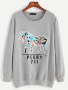 Romwe Grey Flower Horse Print Sweatshirt