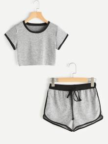 Romwe Ringer Crop Tee With Dolphin Hem Shorts