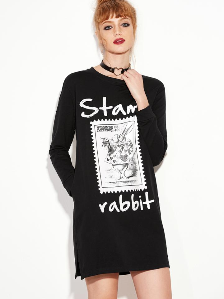 Romwe Black Letter Print Slit Side Tee Dress