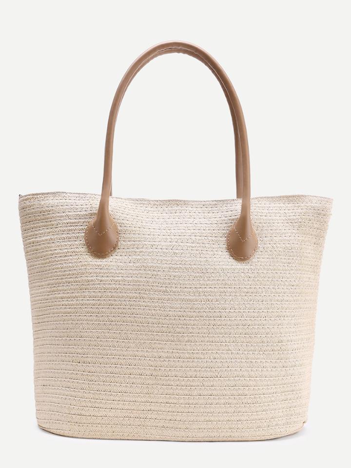 Romwe Simple Straw Tote Bag With Zipper