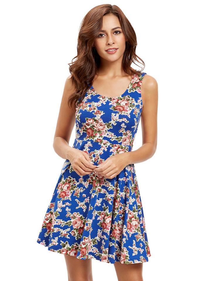 Romwe Blue Sleeveless Skater Dress