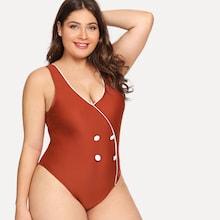 Romwe Plus Button Low Back Swimsuit
