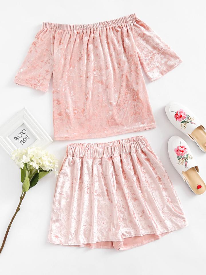 Romwe Off Shoulder Velvet Top And Shorts Set