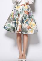 Romwe Floral Print Flare Midi Skirt