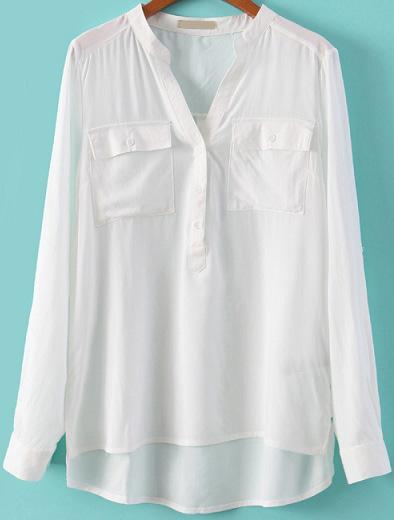 Romwe V Neck Pockets Dipped Hem White Blouse