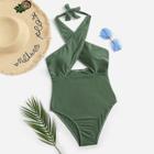 Romwe Low Back Cross Halter One Piece Swimwear