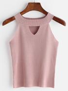 Romwe Pink Keyhole Front Ribbed Knit Top