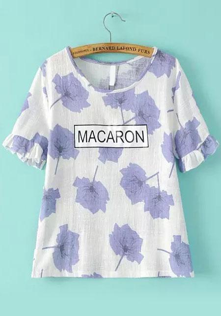 Romwe Ruffle Leaves Print Purple T-shirt