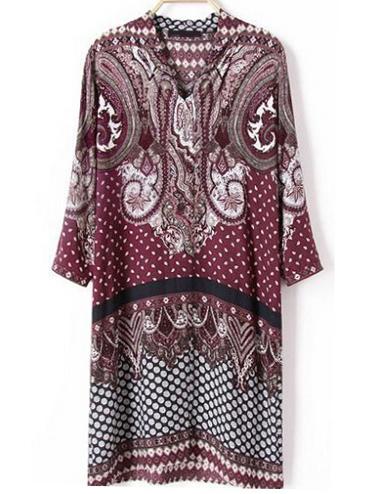 Romwe Burgundy Ornate Print Tunic Dress