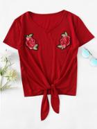 Romwe Rose Embroidered Applique Knot Front Tee