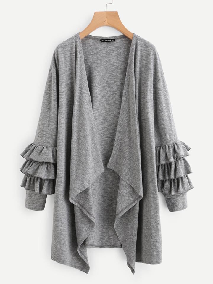 Romwe Tiered Ruffle Sleeve Drape Collar Duster Coat