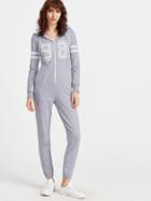 Romwe Heather Grey Varsity Print Hooded Sweat Jumpsuit