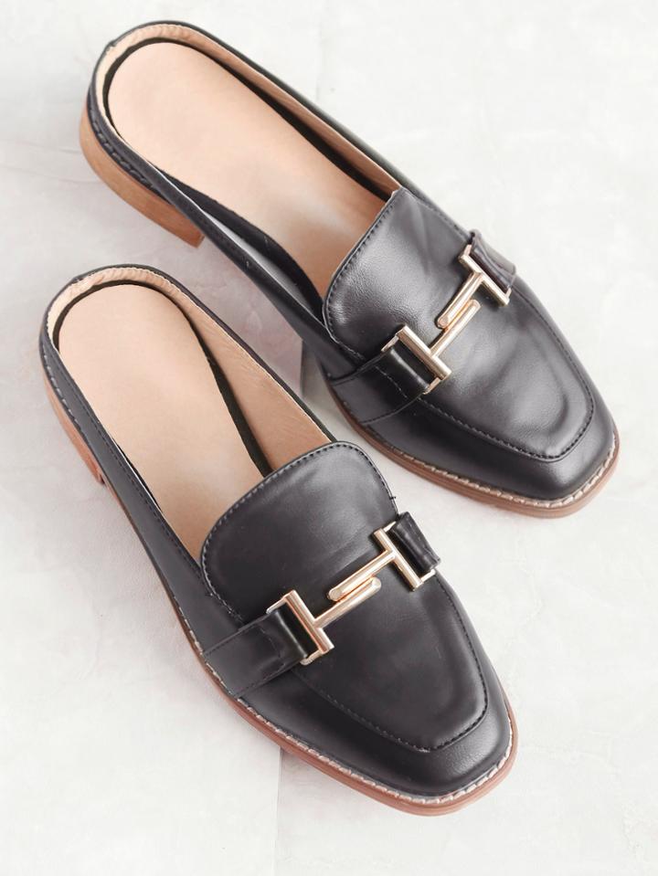 Romwe Black Faux Leather Metal Embellished Loafer Slippers