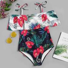 Romwe Random Tropical Flounce Tie Shoulder One Piece Swimsuit