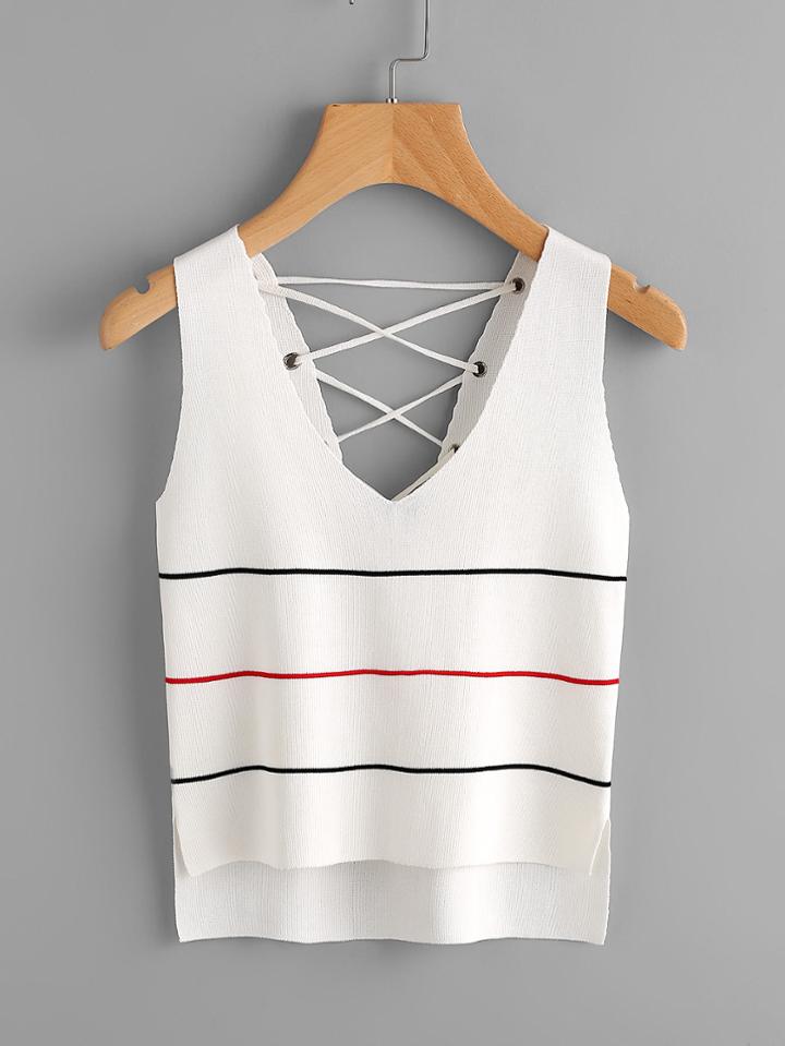 Romwe Double V Grommet Lace Up Back Jersey Tank Top