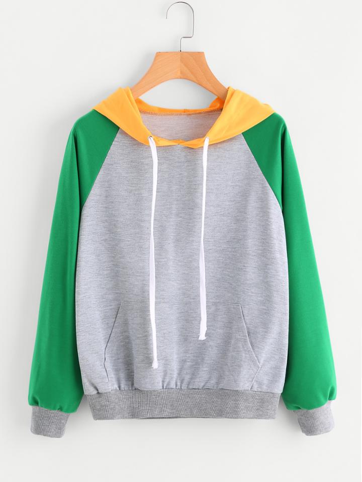 Romwe Contrast Sleeve Hooded Drawstring Sweatshirt