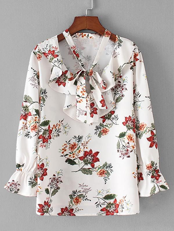 Romwe Flounce Detail Tie Neck Floral Blouse