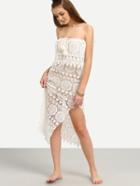 Romwe White Crochet Strapless Split Beach Dress With Pom Pom