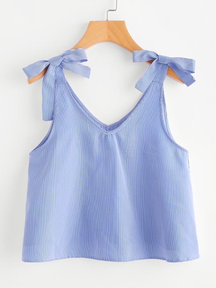 Romwe Vertical Pinstriped Bow Detail Tank Top