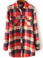 Romwe Plaid Patchwork With Pockets Red Blouse