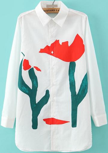 Romwe Lapel Tulips Print Blouse
