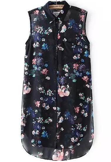 Romwe Black Lapel Sleeveless Floral Dip Hem Blouse