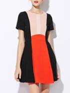 Romwe Black Orange Round Neck Short Sleeve Flare Dress