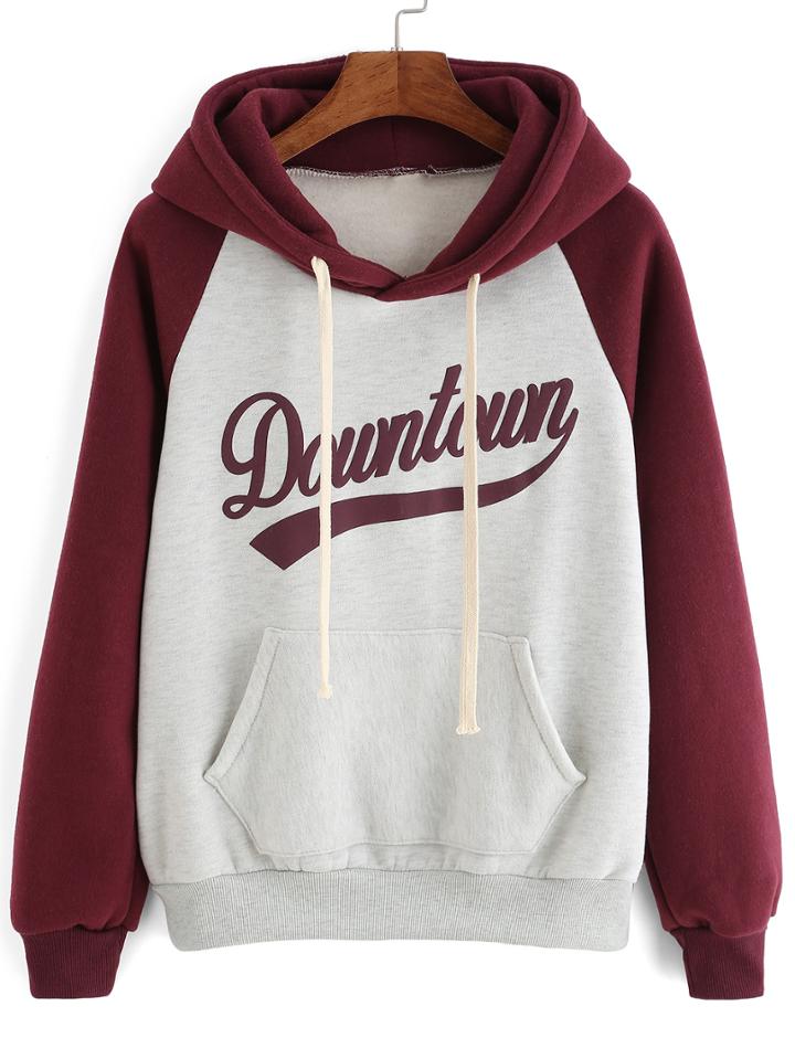 Romwe Color-block Letters Print Hoooded Drawstring Sweatshirt