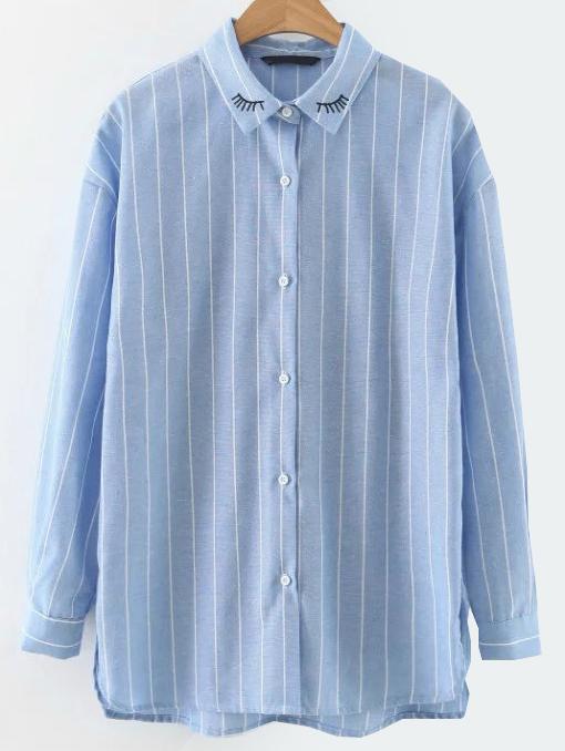 Romwe Blue Vertical Striped Eyelash Embroidered Blouse