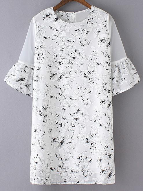 Romwe Multicolor Bell Sleeve Zipper Back Flowers Print Dress