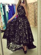 Romwe Black Lace Sash High Low Dress