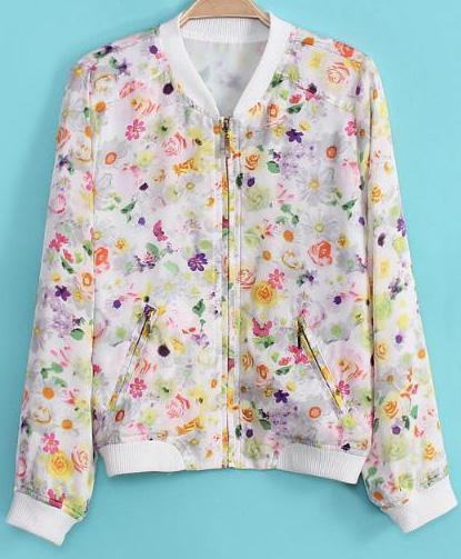 Romwe Floral Print Zipper Pockets Crop Jacket