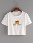 Romwe Pudding Embroidered Crop T-shirt - White