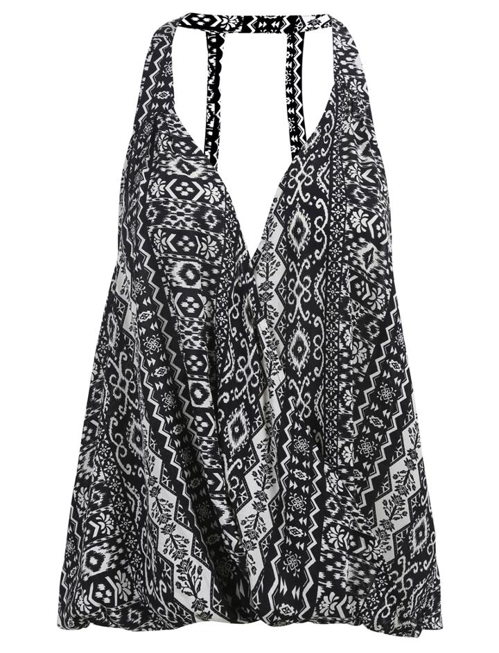 Romwe Halter Backless Vintage Print Vest
