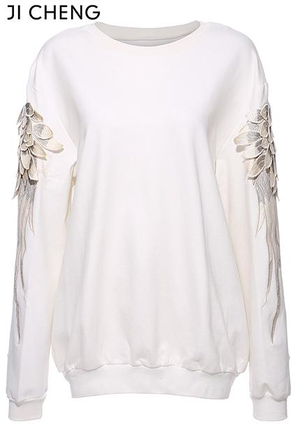 Romwe Wings Embroidered White Sweatshirt
