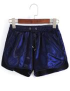 Romwe Drawstring Split Blue Shorts