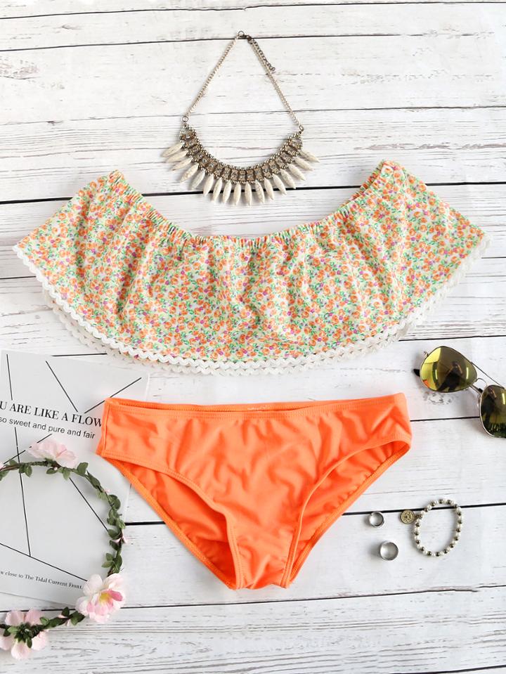 Romwe Orange Floral Print Off The Shoulder Bikini Set