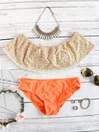 Romwe Orange Floral Print Off The Shoulder Bikini Set