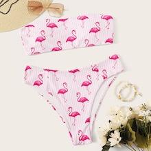 Romwe Flamingo Print Bandeau Bikini Set