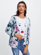 Romwe Flower And Camo Print Hoodie Jacket