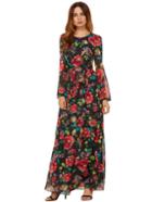 Romwe Self-tie Rose Print Long Sleeve Chiffon Dress - Black