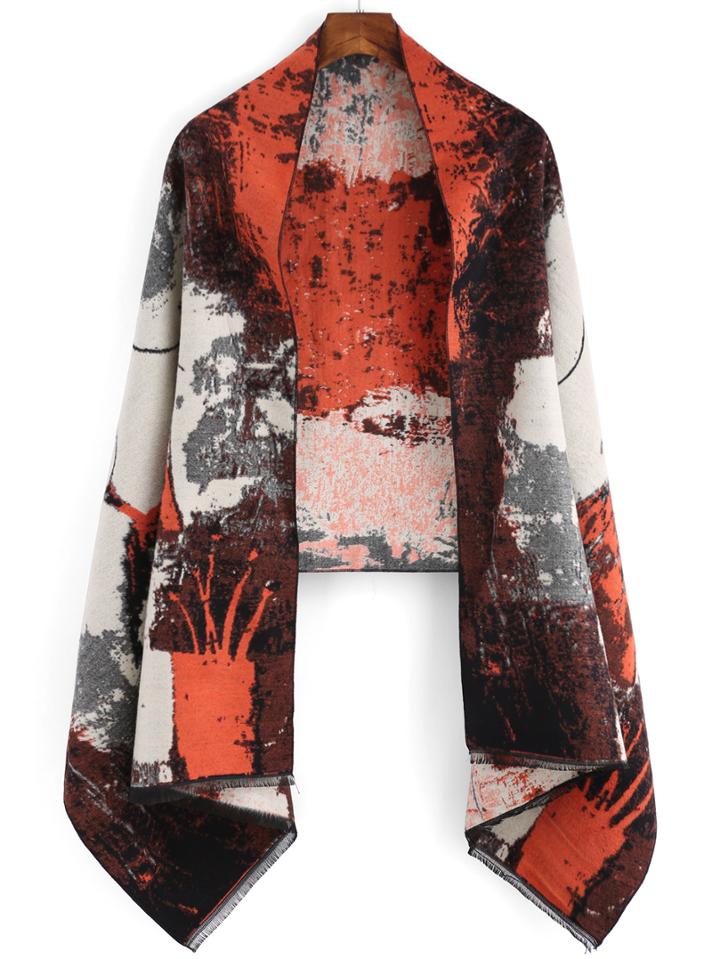 Romwe Fringe Printed Orange Scarf